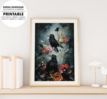 Whirlwind Of Ravens, Murder Of Crows, Skulls And Flowers, Poster Design, Printable Art