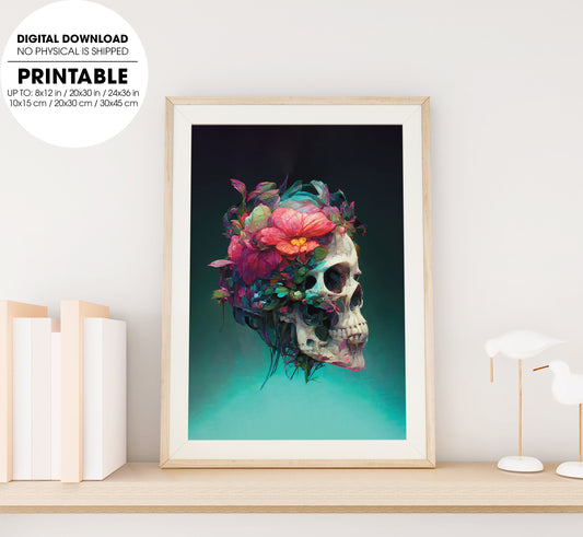 Skull With Flowery Vines, Art Skull Realistic, Mysthery Skull Design, Poster Design, Printable Art