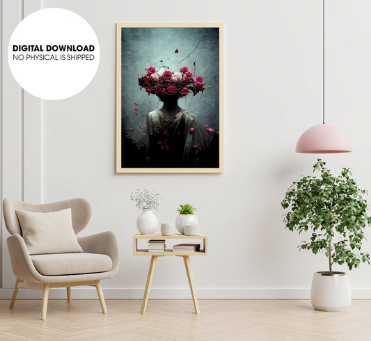 Pink Lilies And Red Roses Made Of Stone, Crumbling To Pieces, Poster Design, Printable Art