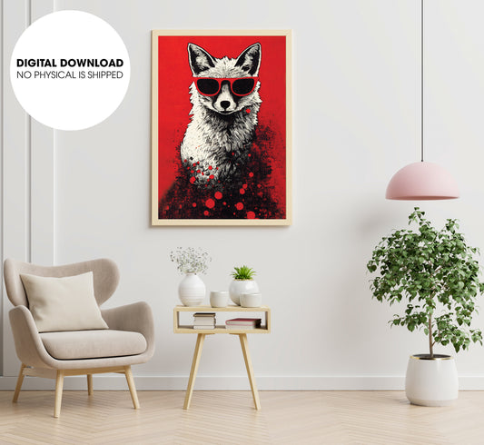 Fox Lover, Halftone Print, Red And Black Foxy Paint Japanese Style, Poster Design, Printable Art