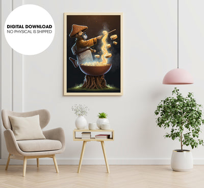 Ramen Wizard Casting Mushroom Magic, A Man Witch With A Pot Of Noodles, Poster Design, Printable Art