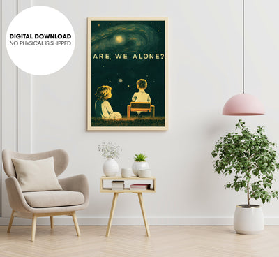 Are We Alone Lonely Young Boy And Girl, A Starry Night, Grassy Field, Poster Design, Printable Art