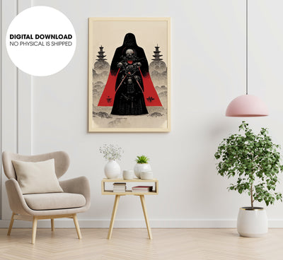 A Warrior Samurai Skull Vader Fantasy Style Tarot Card Red Black Grey, Poster Design, Printable Art