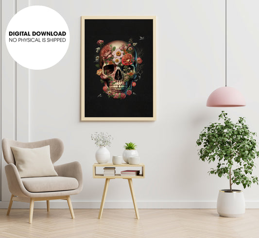 The Skull Covered By Flowers, Skull So Art With Flowers Blossom, Poster Design, Printable Art