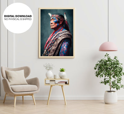 Portrait Photo Of A Asia Old Warrior Chief, Soldiers Into The Forest, Poster Design, Printable Art