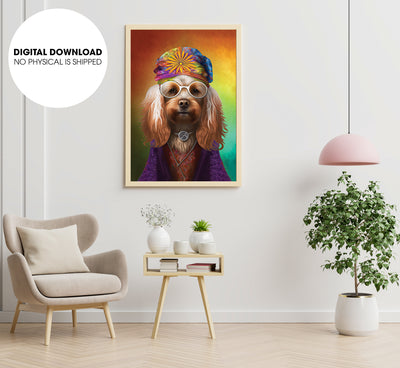 Dog Dressed As A Hippie, The Dogs Hippie With Strange Necklace, Poster Design, Printable Art