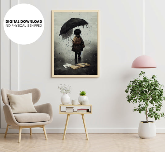 Lonely Boy, Dark Cloud Of Depression Hanging Over A Little Child, Poster Design, Printable Art