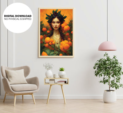Goddess Of Gardens, Orange Backdrop, Divine Of Fresh Fruit, Poster Design, Printable Art