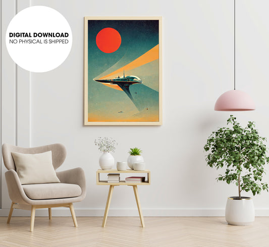 Retrofuturist Space Ship, Sun In The Background, Love Retrofuture, Poster Design, Printable Art