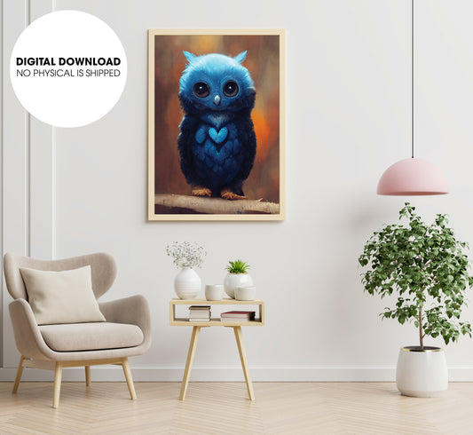 Adorable Blue Owl, So Cute Little Owl, Love The Blue Or The Owl, Poster Design, Printable Art