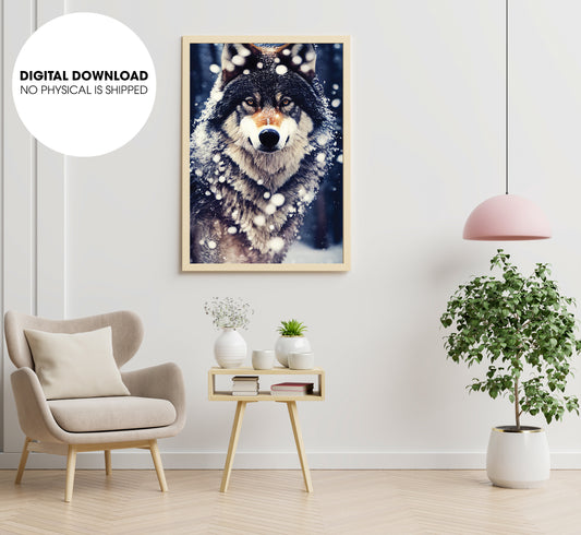 Anthropomorphic Wild Large Wolf Epic Standing Still Portrait, Poster Design, Printable Art