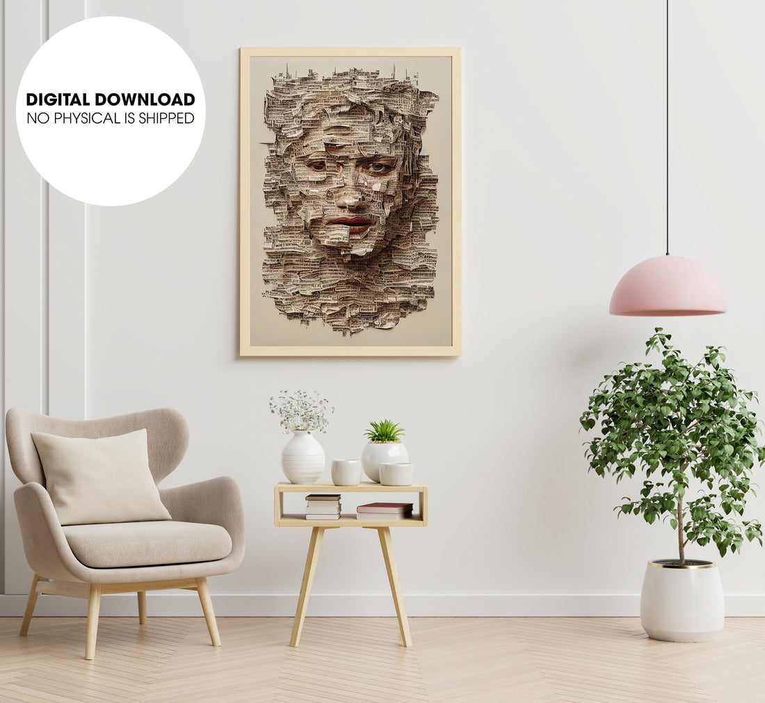 Face Made Of Newspaper, Human Face, Face Art, Newspaper Frome Face, Poster Design, Printable Art
