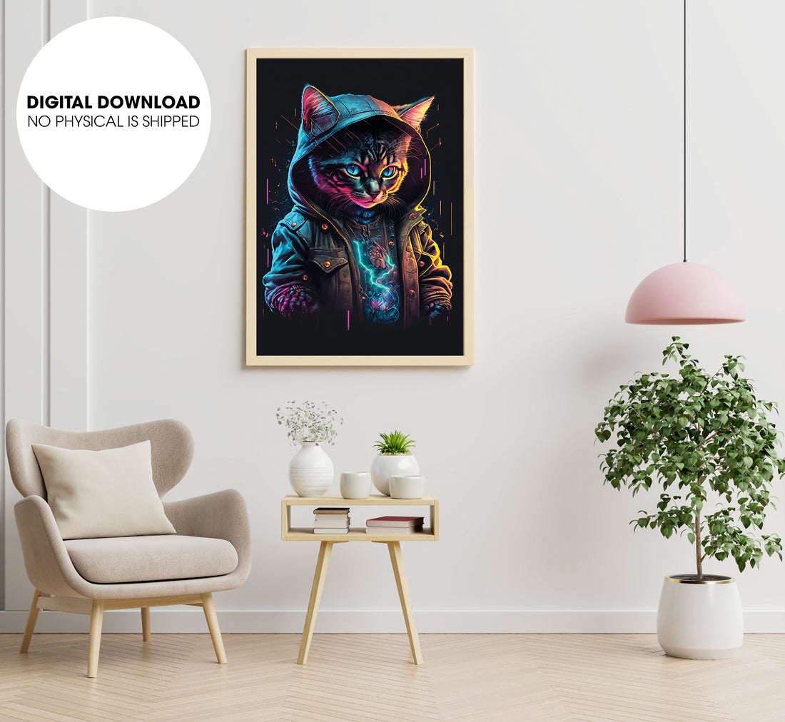 Cyberpunk Cute Kitten Dressed As A Mage, Negative Space, Poster Design, Printable Art