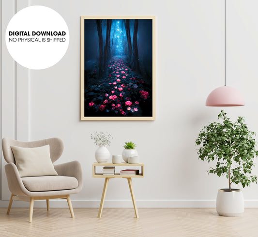 Dark Rose Forest. A Rose Path, Long Floating Blue Roses On The Ground, Poster Design, Printable Art