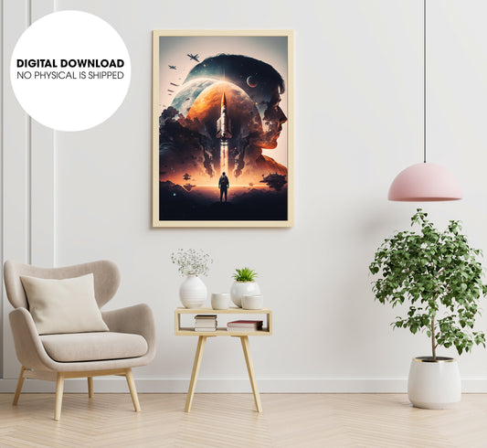 Triple Exposure Astronaut Spaceshuttle Through The Solar System, Poster Design, Printable Art