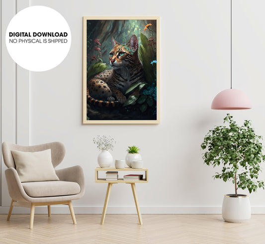 Bengal Cat Lying In Flower, Cat In The Secret Forest, Bengal Cat Canvas, Poster Design, Printable Art