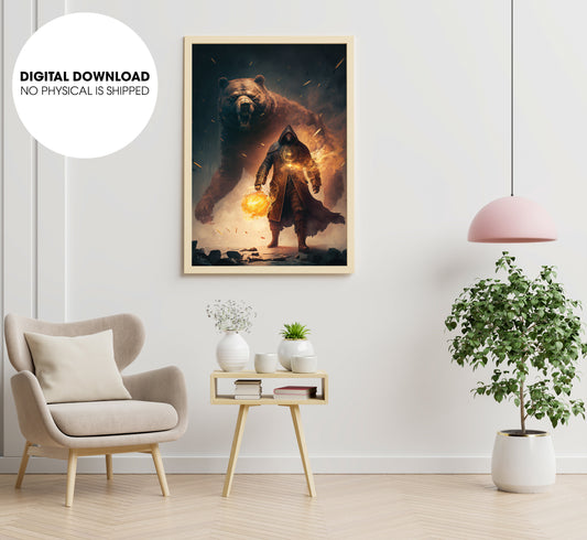 Man In Dark Clothes, Scared And Runs Away From Huge Polar Monster Bear, Poster Design, Printable Art