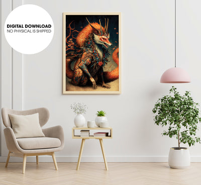 Traditional Japanese Demon Fox, Japanese Fox, Love Fox For My Live, Poster Design, Printable Art