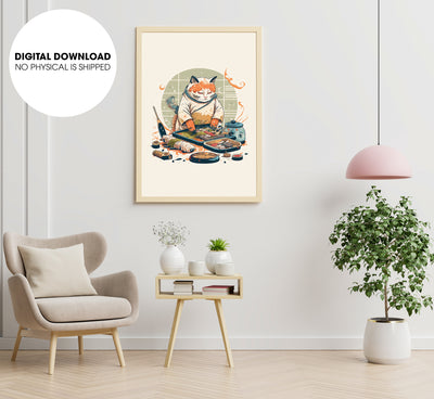 Cat As A Sushi Chef Making Sushi, Love Sushi, Japanese Cat And Food, Poster Design, Printable Art