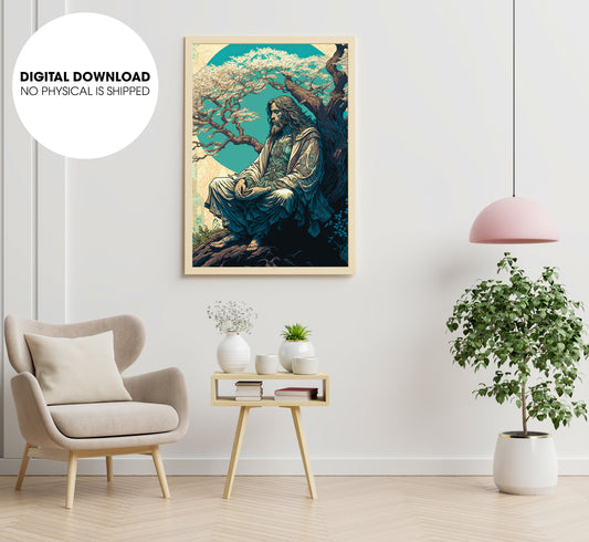 Jesus Christ Meditating Under A Tree, Jesus In My Mind, Jesus Lover, Poster Design, Printable Art