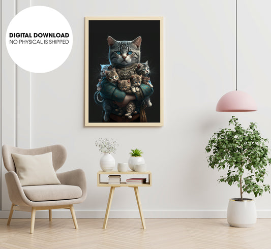 Cat Holding An Armload Of Kitten, Big Cat And Five Kittens, Poster Design, Printable Art