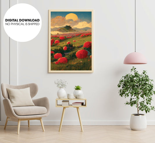 Sunset Hills With A Field Of Poppy, Big Poppies Farm, Meadow Lover, Poster Design, Printable Art