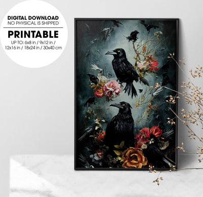 Whirlwind Of Ravens, Murder Of Crows, Skulls And Flowers, Poster Design, Printable Art