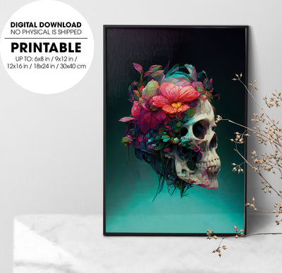 Skull With Flowery Vines, Art Skull Realistic, Mysthery Skull Design, Poster Design, Printable Art