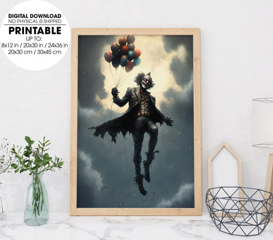 Clown Float In Sky, Rainy Sky, Swag Clown And The Balls, Poster Design, Printable Art
