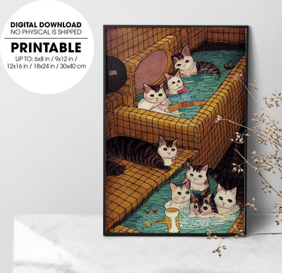 Quirky Underground Comic Style Illustration, Bath House Onsen Cats, Poster Design, Printable Art