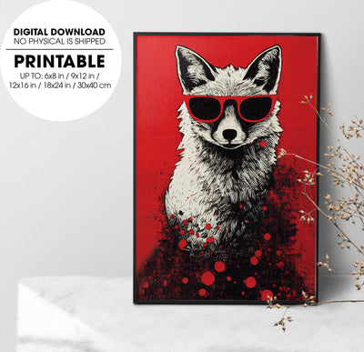 Fox Lover, Halftone Print, Red And Black Foxy Paint Japanese Style, Poster Design, Printable Art