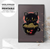 Cute Kawaii Black Cat Kitten Ramen, Cute Kitten Love Japanese Noodles, Poster Design, Printable Art
