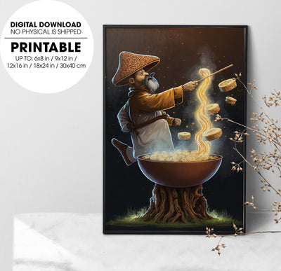 Ramen Wizard Casting Mushroom Magic, A Man Witch With A Pot Of Noodles, Poster Design, Printable Art