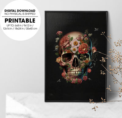 The Skull Covered By Flowers, Skull So Art With Flowers Blossom, Poster Design, Printable Art