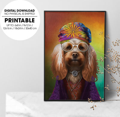 Dog Dressed As A Hippie, The Dogs Hippie With Strange Necklace, Poster Design, Printable Art