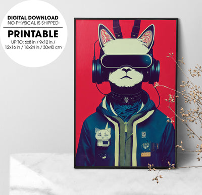 Cat Wearing Vr Headset With Cat Ears, Modern Cat Wear Earphone, Poster Design, Printable Art