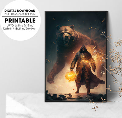 Man In Dark Clothes, Scared And Runs Away From Huge Polar Monster Bear, Poster Design, Printable Art