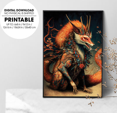 Traditional Japanese Demon Fox, Japanese Fox, Love Fox For My Live, Poster Design, Printable Art