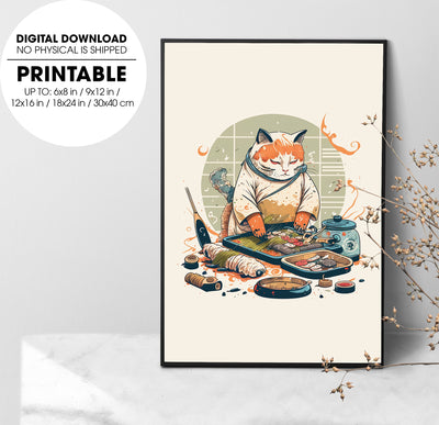 Cat As A Sushi Chef Making Sushi, Love Sushi, Japanese Cat And Food, Poster Design, Printable Art
