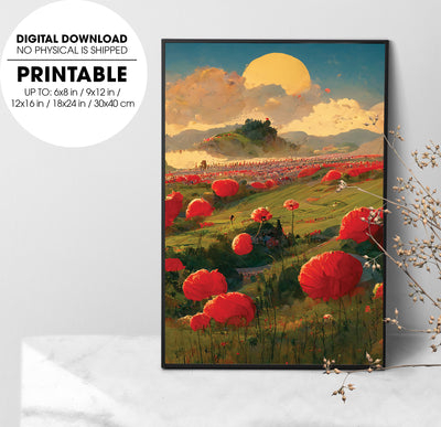 Sunset Hills With A Field Of Poppy, Big Poppies Farm, Meadow Lover, Poster Design, Printable Art