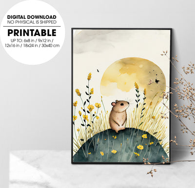 Cute Mouse In Golden Field With Nice Sky, Watercolor Art Style, Poster Design, Printable Art