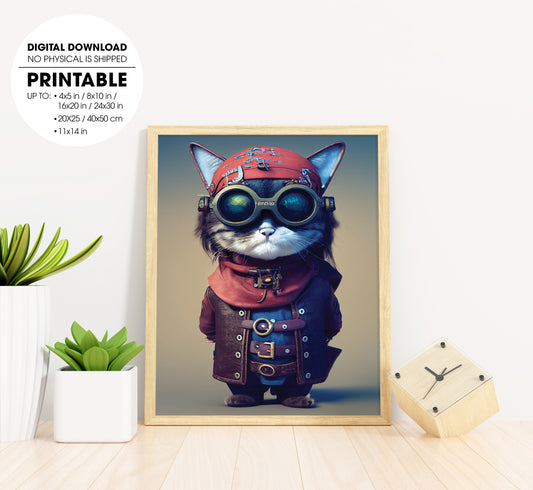 Tiny Cute Cyberpunk Pirate Cat, Goggles, Hyperdetailed, Pirate Hat, Poster Design, Printable Art
