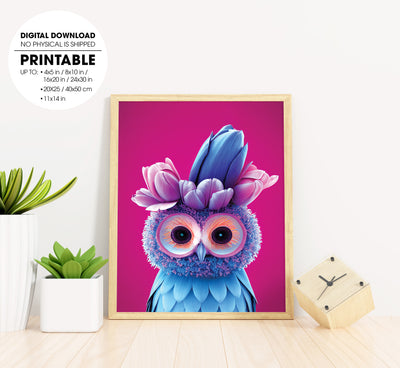 Cute Blue Owl Inside A Tulip In A Pink Coulour Design, Adorable Bird, Poster Design, Printable Art