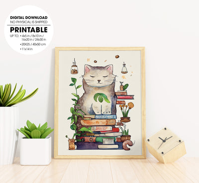 Giant Cozy Cat With Books And House Plants And Jars And Mushroom, Bookworm Gift, Poster Design, Printable Art