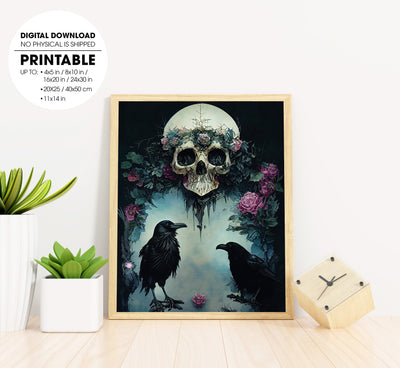 Raven Standing On A Skull, Overgrown Magical Forest, Ornate Skull Artstation, Poster Design, Printable Art