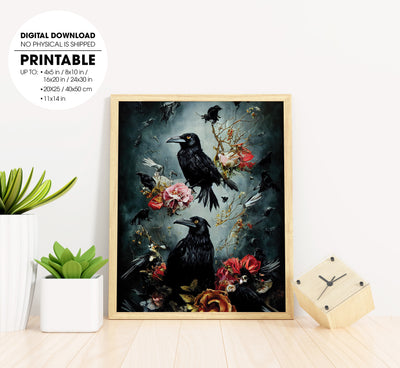 Whirlwind Of Ravens, Murder Of Crows, Skulls And Flowers, Poster Design, Printable Art