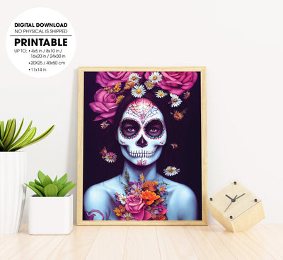 Photorealism, Sugar Skull Goddess, Flowers Cascading Down Her Hair, Poster Design, Printable Art