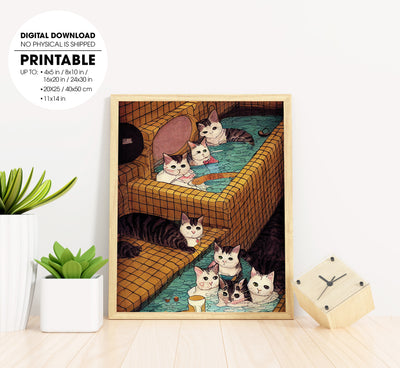 Quirky Underground Comic Style Illustration, Bath House Onsen Cats, Poster Design, Printable Art