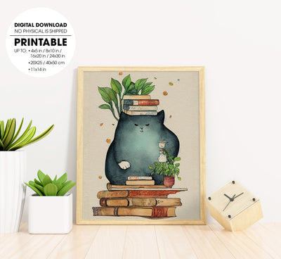 A Giant Cozy Cat With Books And House, Anime Cat, Bookworm, Poster Design, Printable Art