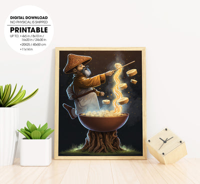 Ramen Wizard Casting Mushroom Magic, A Man Witch With A Pot Of Noodles, Poster Design, Printable Art